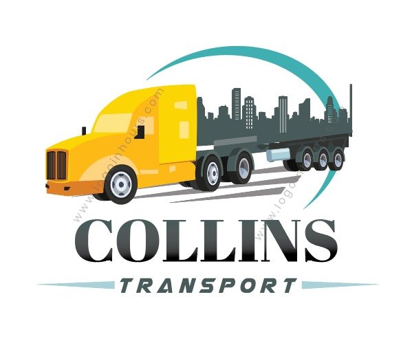 Collins Transport logo with yellow truck and city skyline