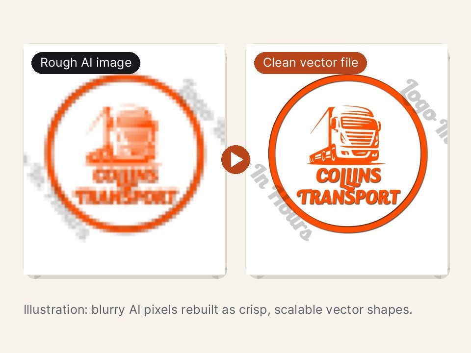 Before and after: a blurry AI-generated logo rebuilt as a clean vector logo