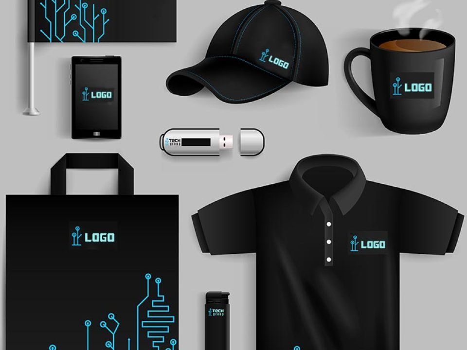 Brand identity applied to a cap, mug, polo shirt, bag and stationery
